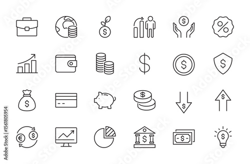 Finance icon set. Business, economy, coin, savings, money bag, bank card, piggy bank, price, diagram, exchange, monitoring, chart, dollar bill, briefcase, etc. Editable stroke, vector illustration.