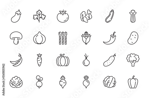 Vegetables icon set. Mushroom, garlic, corn, hot pepper, potato, tomato, carrot, onion, cucumber, broccoli, cabbage, paprika, eggplant, parsley, vegan, etc. Editable stroke, vector illustration.