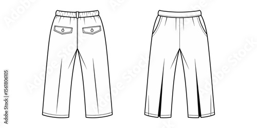 Technical Flat CAD Drawing Vector Template of Wide Leg Kids Pants with Back Flap Pockets Front Side Pockets Fashion Design Sketch