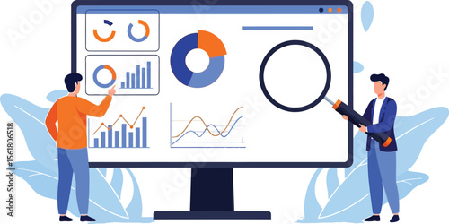 Data analysis and visualization concept with business analytics dashboard and magnifying glass for insight