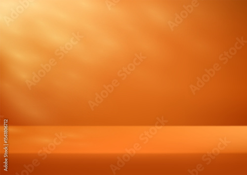 Display podium product light Orange background. Empty room with shadow leaves space for selling products on the website. Vector illustration.