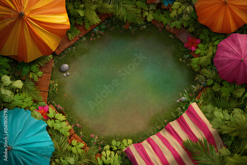 Vibrant Tropical Scene with Colorful Umbrellas and Pond