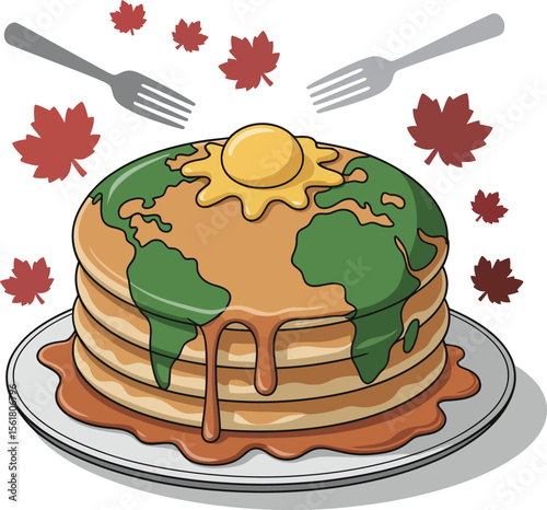 Global Pancake Breakfast Concept with Maple Syrup Continents Butter Sun and Maple Leaf Decorations a Whimsical and Delicious Illustration for Food Lovers and Earth Enthusiasts