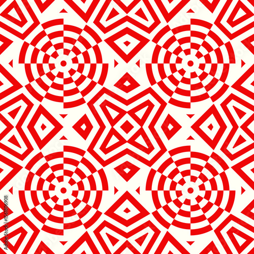 Crossing circles, curves, kites, triangles ornament. Linear seamless pattern. Abstract background. Mosaic vector. Geometric illustration. Embroidery backdrop. Ethnic image. Tiles motif