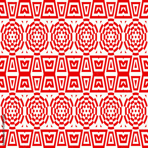 Crossing circles, curves, triangles ornament. Linear seamless pattern. Abstract background. Mosaic vector. Geometric illustration. Embroidery backdrop. Ethnic image. Tiles motif