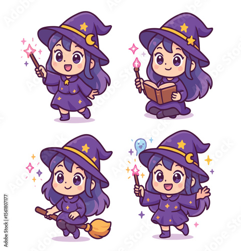 Cute Witch Girl Vector Cartoon Girl Character in Purple Costumes Broomstick Wand Magic Spell Design