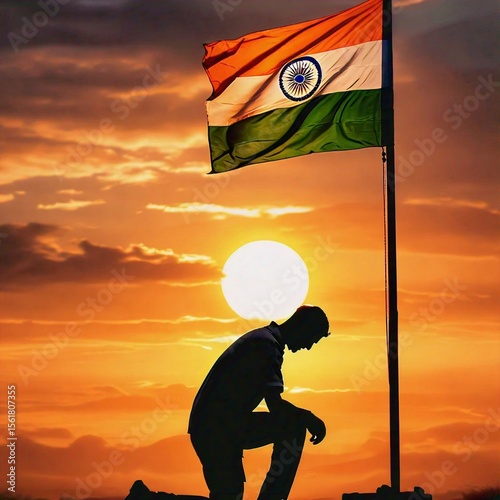 A silhouetted figure kneeling before the indian flag at sunset symbolizing respect and homage to the nation
