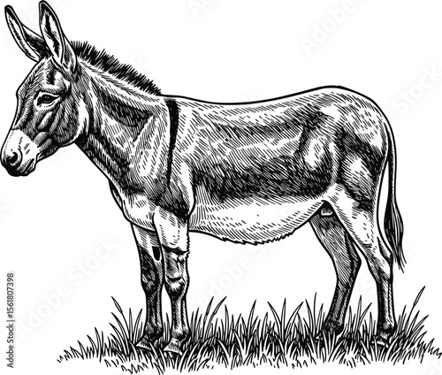 Woodcut illustration of a donkey. Vintage grunge vector design element for artworks, poster, cards, web and collages.