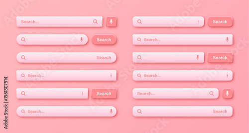 Colorful 3d search bar templates. Internet browser engine with search box, address bar and text field. UI design, website interface element with web icons and push button. Vector illustration