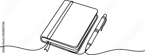 Continuous Line Drawing of a Notebook and Pen Symbolizing Creativity Writing and Planning Ideal for Minimalist Designs Educational Materials or Creative Project Illustrations on a