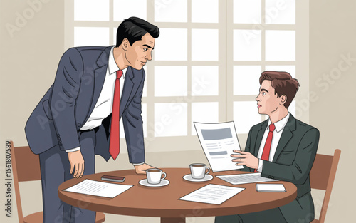 Two businessmen in suits discussing documents at a round table with coffee cups and a phone present