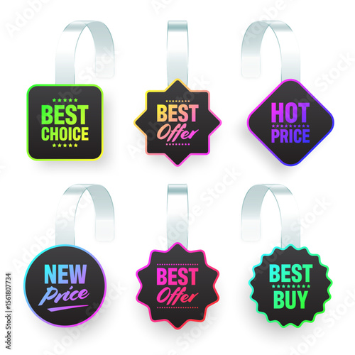 Colorful neon supermarket promotional wobblers. Realistic wobbler template for shelf advertising. Sale or discount label with ad text. Special offer price tag. Vector illustration