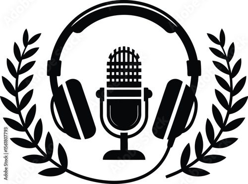 Podcast Studio Logo Concept with Microphone Headphones and Laurel Wreath in Black and White Ideal for Branding Audio Production and Creative Media Projects