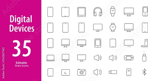 Digital Devices Line Icons, Laptop, Smartphone, Tablet, and More, Editable Formats: AI, EPS, JPG, PNG, Ideal for Both Digital and Print Use
