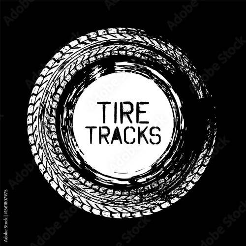 Grunge circle tire track, wheel braking mark. Truck, car or motorcycle tread pattern silhouettes. Auto race, motorsport, speed racing design element. Vector illustration