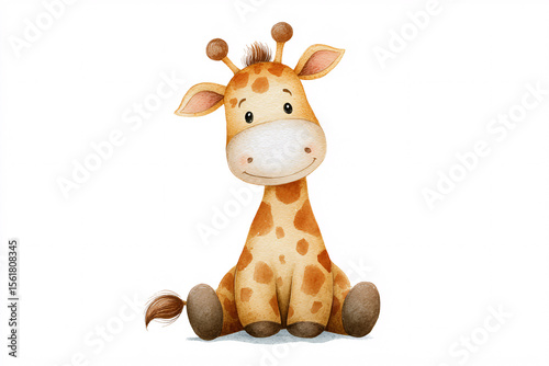 Smiling Watercolor Baby Giraffe - Delightful Cartoon Animal for Kids