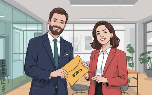 Cartoon illustration of two office workers smiling while holding a bonus envelope together inside office