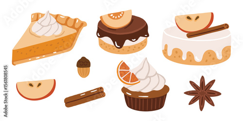 Autumn desserts elements doodle illustration, sweet cakes, collection, autumn cozy set