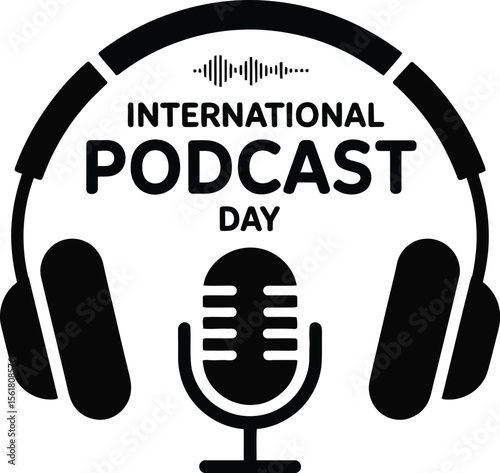 International Podcast Day vector illustration with headphones and microphone A simple graphic design for podcasting audio content creation and broadcasting Black and white vector design