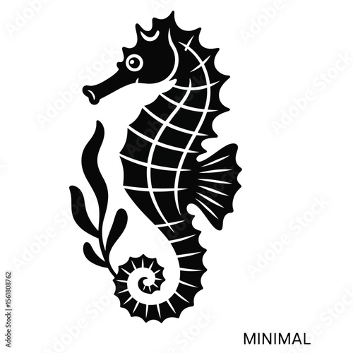 Black and white minimalist vector outline of a seahorse in side view with curved snout and swirling tail alongside stylized kelp frond