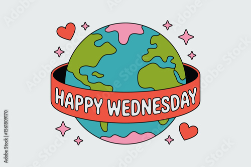 Earth celebrating hump day with a Happy Wednesday banner and hearts. Perfect for social media posts, greeting cards, and newsletters.