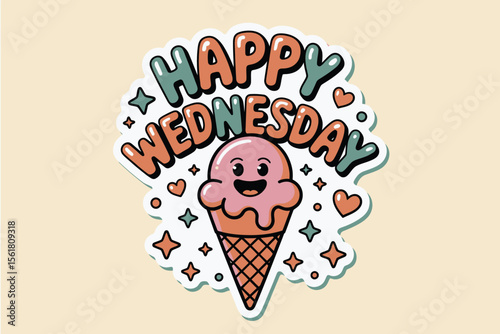Happy Wednesday ice cream cone sticker design for social media posts, digital newsletters, or greeting cards to bring a cheerful vibe.