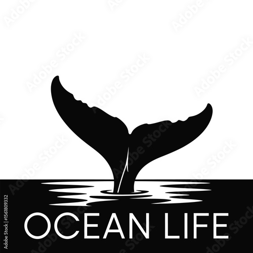 Black and white silhouette vector of a whale tail rising above water with clean lines and minimalist ocean design