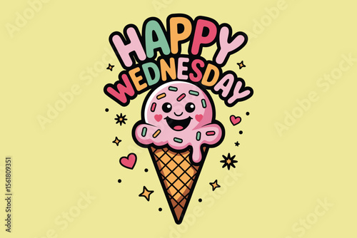 Happy Wednesday ice cream cone graphic. Suitable for social media posts, blog headers, greeting cards, or summerthemed marketing campaigns.