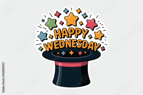 Magicians hat with colorful stars and Happy Wednesday message. Perfect for social media posts, greeting cards, and website banners.
