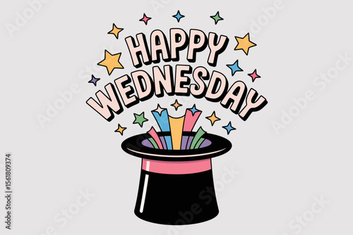 Whimsical happy Wednesday design with a magicians hat, perfect for adding a touch of magic to midweek social media posts.