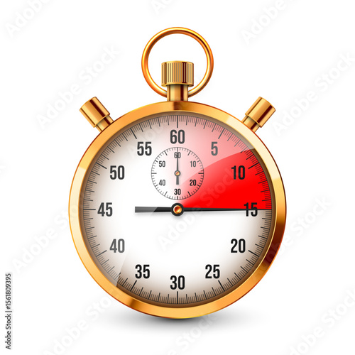 Realistic classic stopwatch. Shiny golden metal chronometer, time counter with dial. Red countdown timer showing minutes and seconds. Time measurement for sport, start, finish. Vector illustration