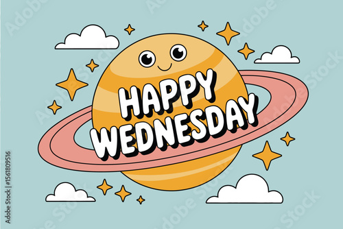 Cartoon planet with a smiling face saying Happy Wednesday. Suitable for Wednesday themed content for childrens educational materials.