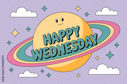 Happy smiling planet wishing happy Wednesday, suitable for social media posts, educational materials, environmental campaigns, and climate change awareness visuals.