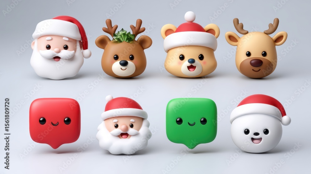 Naklejka premium Cute 3D cartoon Christmas characters featuring Santa, reindeer, and festive icons on a light background. Perfect for holiday themes and decorations.