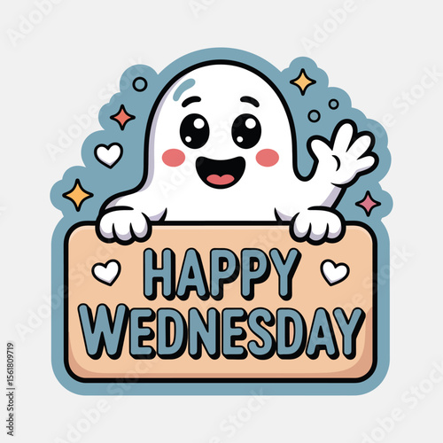 Cute cartoon ghost celebrates Wednesday with a happy sign, perfect for social media posts, stickers, and Halloweenthemed designs.