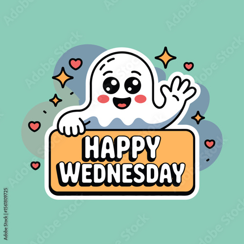 Cute cartoon ghost waving, wishing a happy Wednesday perfect for social media posts, greeting cards, and educational materials.