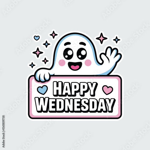 Cute cartoon ghost waving happily, wishing a happy Wednesday. Perfect for social media posts, greeting cards, and Halloweenthemed designs.
