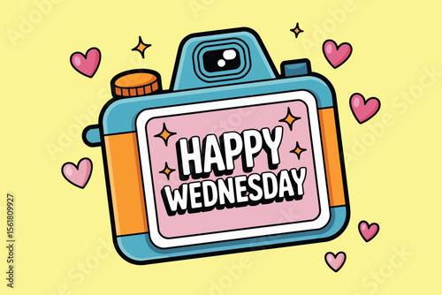 Cartoon camera with happy Wednesday text surrounded by hearts. Perfect for social media posts, greeting cards, and promotional materials.