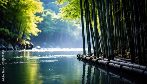 Serene waterscape with bamboo grove casting reflections on tranquil river