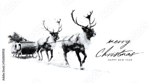 Artistic illustration of two reindeer pulling a sleigh with a Christmas tree, accompanied by 