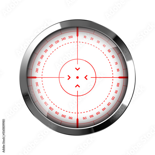 Chrome weapon sight, sniper rifle optical scope. Hunting gun viewfinder with crosshair. Aim, shooting mark symbol. Military target sign, silhouette. Game interface UI element. Vector illustration