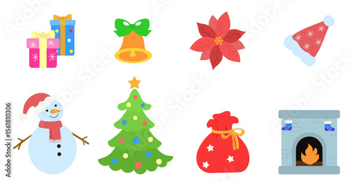 Christmas theme set isolated on a white background. Vector illustration for card, invitations and christmas decor. Christmas tree, snowman, gift box, fireplace, gift bag, santa cap, bell, poinsettia.