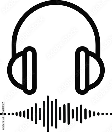 Headphones with sound waves vector illustration for listening to music podcast audio book or other audio content black on white background simple icon