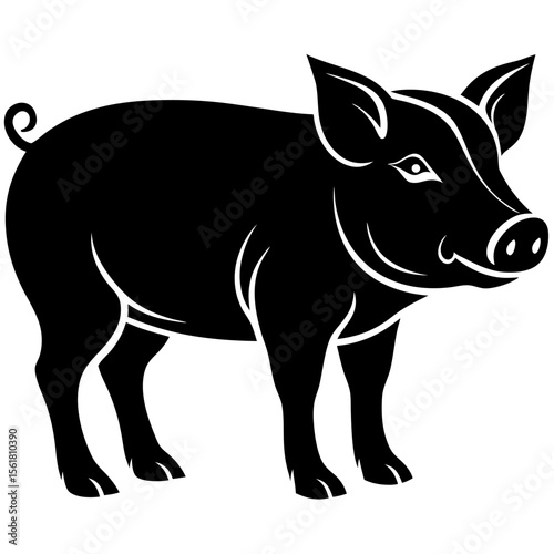 Pig Silhouette Vector in Black and White | Farm Animal Illustration Clipart