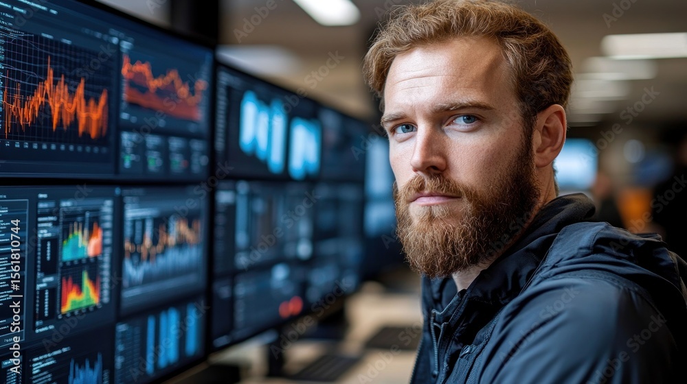 Focused man in front of multiple computer screens showing data charts Focused man in front of multiple computer screens showing data charts