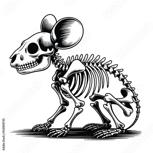 Black and white vector illustration of a detailed mouse skeleton with crisp line art and minimalist shading emphasizing ribcage and bone structure