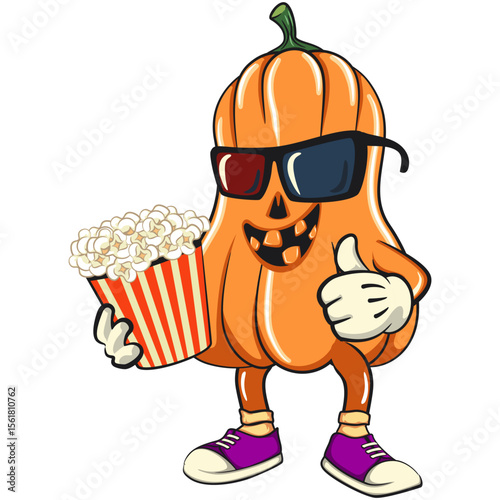 funny halloween pumpkin mascot with a bucket of popcorn with wearing 3d glasses, vector cartoon illustration isolated on transparent background, work of hand drawn