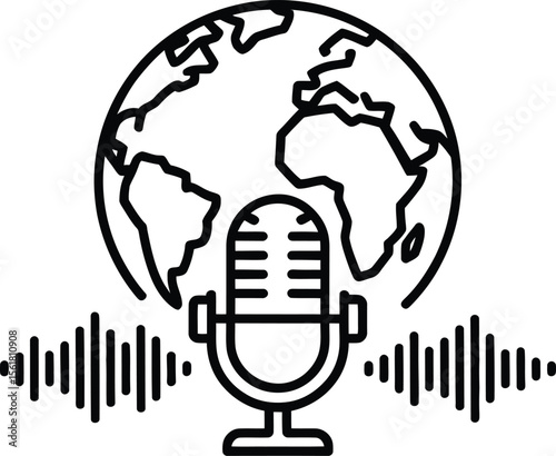 Global Podcast Concept with Earth and Microphone in Outline Style Representing International Communication Broadcasting or Worldwide Audio Content Creation Isolated on White Background for Easy