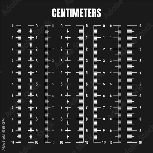 Vertical centimeter scale for measuring length or height. Various measurement scales with divisions. Ruler, tape measure marks, size indicators. Vector illustration