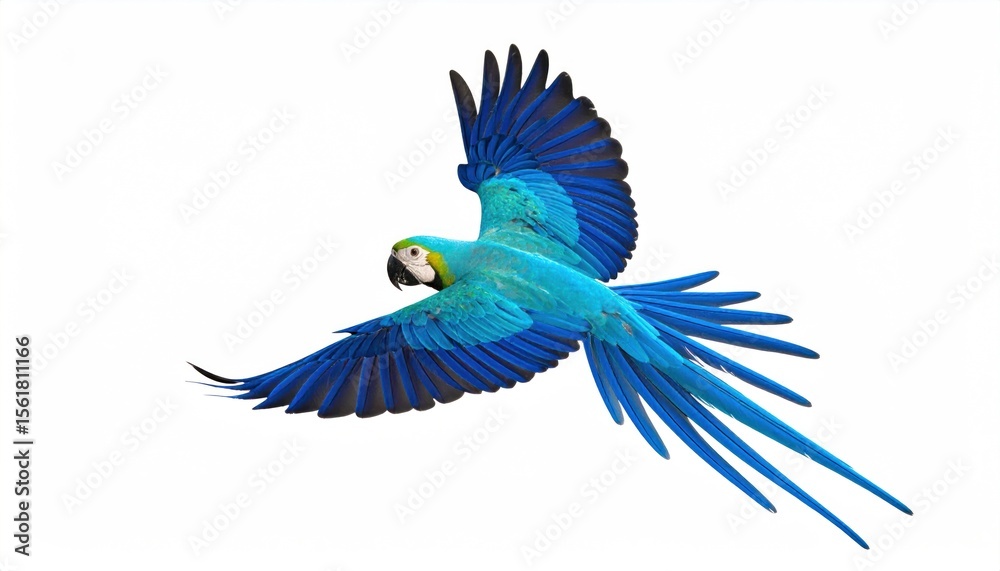 Fototapeta premium Vibrant Blue Macaw Soaring Freely Against a Clean White Background in Full Flight